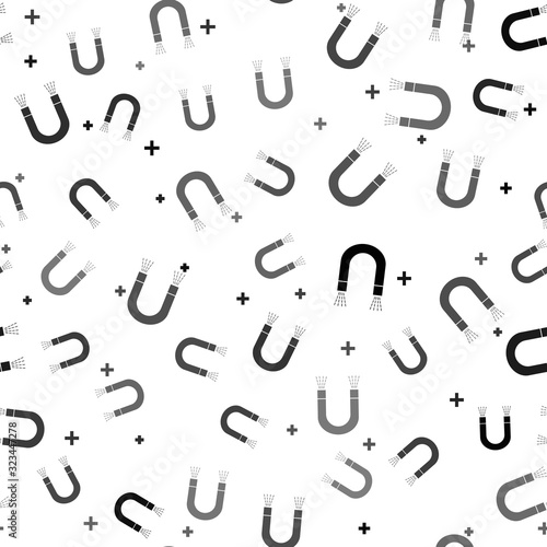 Black Magnet icon isolated seamless pattern on white background. Horseshoe magnet, magnetism, magnetize, attraction. Vector Illustration