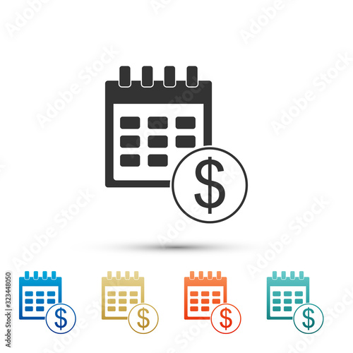 Black Financial calendar icon isolated on white background. Annual payment day, monthly budget planning, fixed period concept, loan duration. Color set icons. Vector Illustration