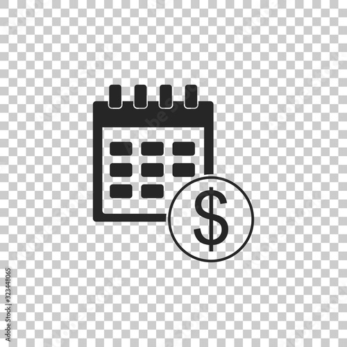 Black Financial calendar icon isolated on transparent background. Annual payment day, monthly budget planning, fixed period concept, loan duration. Flat design. Vector Illustration