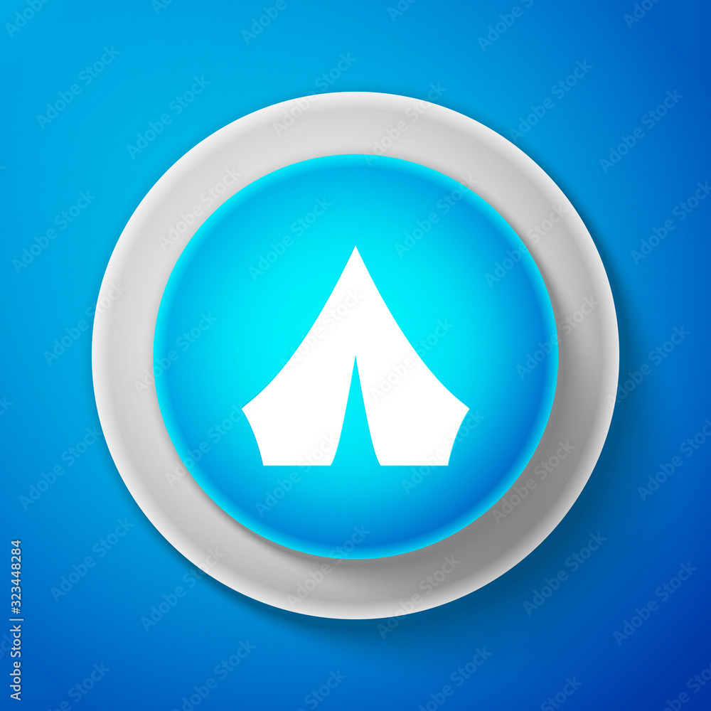 White Tourist tent icon isolated on blue background. Camping symbol. Circle blue button. Vector Illustration White Tourist tent icon isolated on blue background. Camping symbol. Circle blue button. Vector Illustration