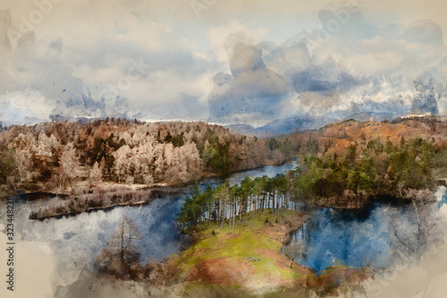 Digital watercolour painting of Stunning evening landscape image of Tarn Hows in UK Lake District during Spring