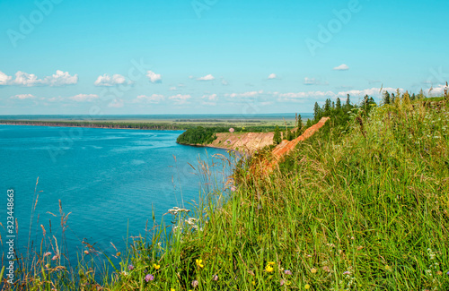 Andoma Cape with Andoma Hill at Onega Lake, Vologda region, Russia. Natural background view