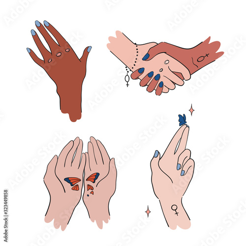 Diversity girl s hands gestures set in line style. Isolated elements. Banner about femininity and feminism, gender equality, women unity. Also beauty and fashion, print, greeting card, cover, poster