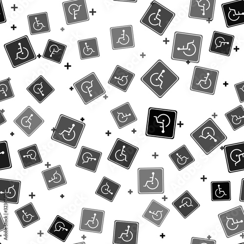 Black Disabled handicap icon isolated seamless pattern on white background. Wheelchair handicap sign. Vector Illustration