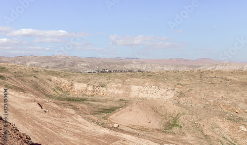 Panoramic  view of the hills of Samaria with villages in the distance in Israel