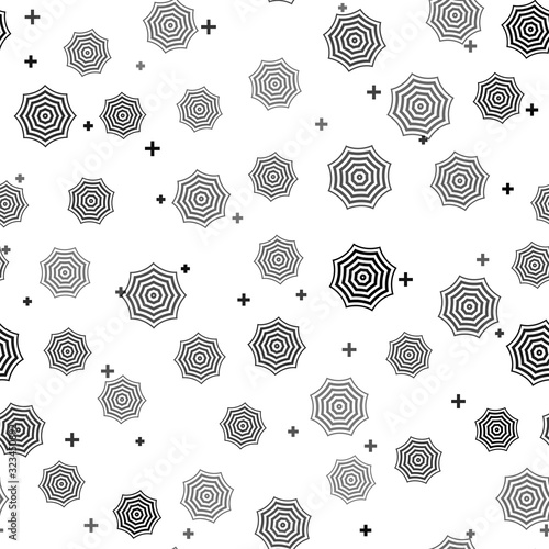 Black Sun protective umbrella fo beach icon isolated seamless pattern on white background. Large parasol for outdoor space. Beach umbrella. Summer vacation or picnic accessory. Vector Illustration