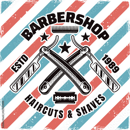 Barbershop emblem with two crossed straight razors