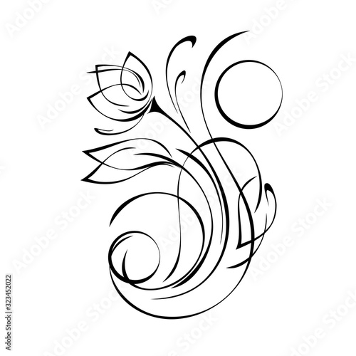 ornament 1029. one stylized flower Bud on a curved stem with leaves and curls in black lines on a white background