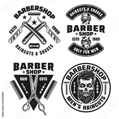 Barbershop set of four vector emblems or badges