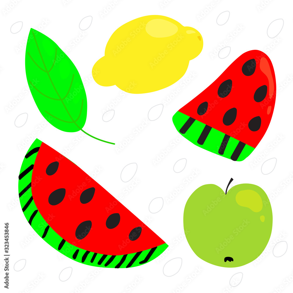 Bright fruits. Slices of watermelon, lemon and apple. Child's drawing summer Bright fruits. Slices of watermelon, lemon and apple. Child's drawing summer