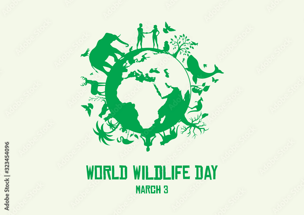 World Wildlife Day vector. Wild animals silhouette. Green planet vector. Planet Earth with fauna and flora vector. Environmental concept vector. Wildlife Day Poster, March 3. Important day