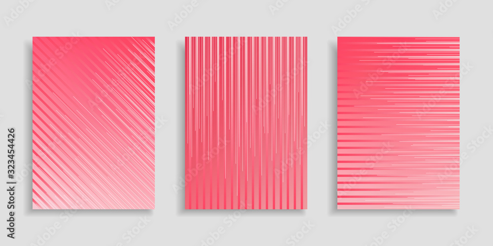 Gradient mesh background. Set vertical blurred covers with thin lines and stripes. Collection pink abstract backgrounds for design cards, brochures, banners, wallpaper, wrapping. Vector illustration.