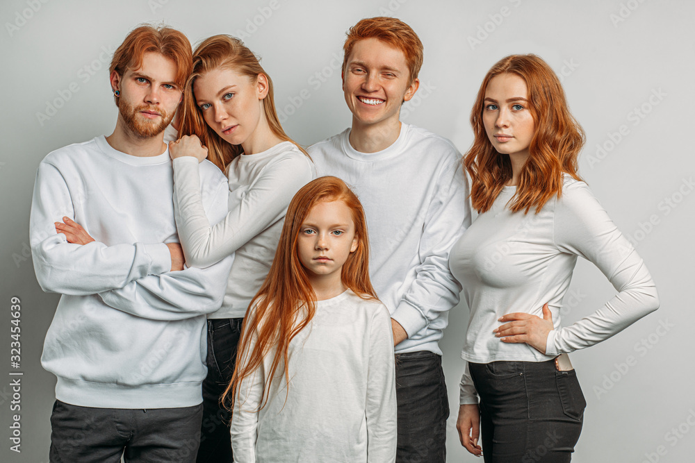Obraz premium group of beautiful caucasian red haired people together isolated over white background . brothers and sisters having red unusual hair posing and looking at camera.