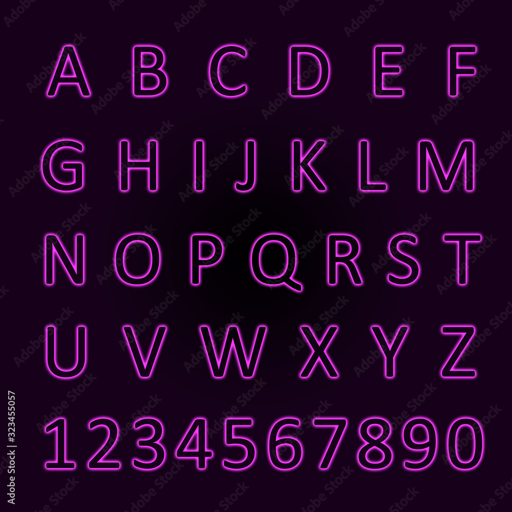 Glowing neon pink alphabet with letters from A to Z and numbers from 1 to 0. Glowing neon pink alphabet with letters from A to Z and numbers from 1 to 0.