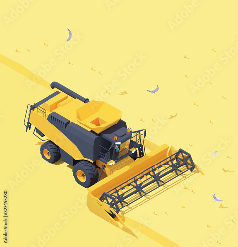Vector isometric combine harvester working in wheat field. Wheat harvesting process with modern combine. Agricultural machinery cropping cereal field