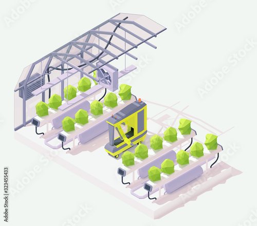 Vector isometric modern agricultural robot working in greenhouse. Cross-section illustration. Hydroponics process of growing plants, garden beds. Smart greenhouse system. Robotic arm inspecting crops