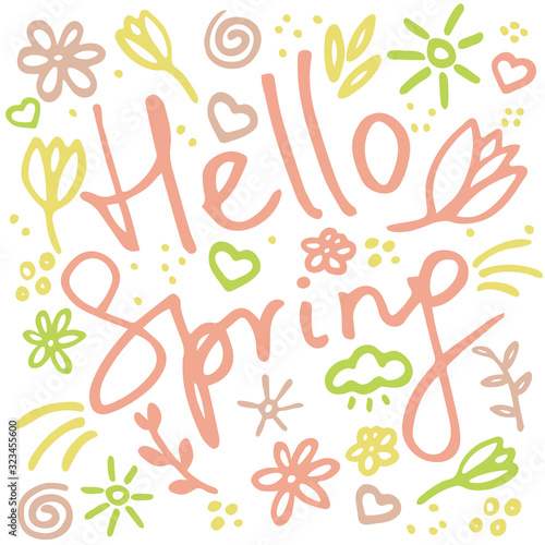 Spring vibes. Marker hand drawn illustration with inscription Hello spring, flowers, hearts and sun. Cute doodle elemets for digital and print.