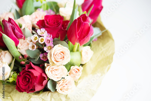 Bouquet of flowers. Beautiful flowers for valentines and wedding scene. Valentines and 8 March Mother Women s Day concept.