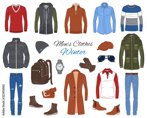 Men's Fashion set, clothes and accessories, winter outfit: coats, jackets, pants, shirts, suits, sweaters, shoes, hats and backpack, vector illustration, isolated on white.