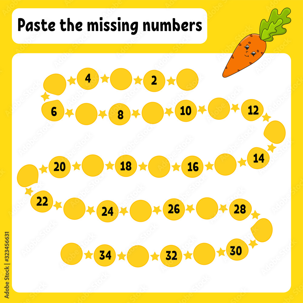 Paste the missing numbers. Handwriting practice. Learning numbers for kids. Education developing worksheet. Color activity page. Vegetable carrot. Isolated vector illustration in cartoon style. Paste the missing numbers. Handwriting practice. Learning numbers for kids. Education developing worksheet. Color activity page. Vegetable carrot. Isolated vector illustration in cartoon style.