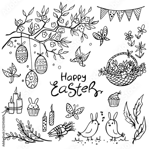 Set of doodle easter elemetns isolated on white. Basket with colored eggs, carrots, flower, cake, candle, chick. Vector illustration. Perfect for coloring book, greeting card, print.