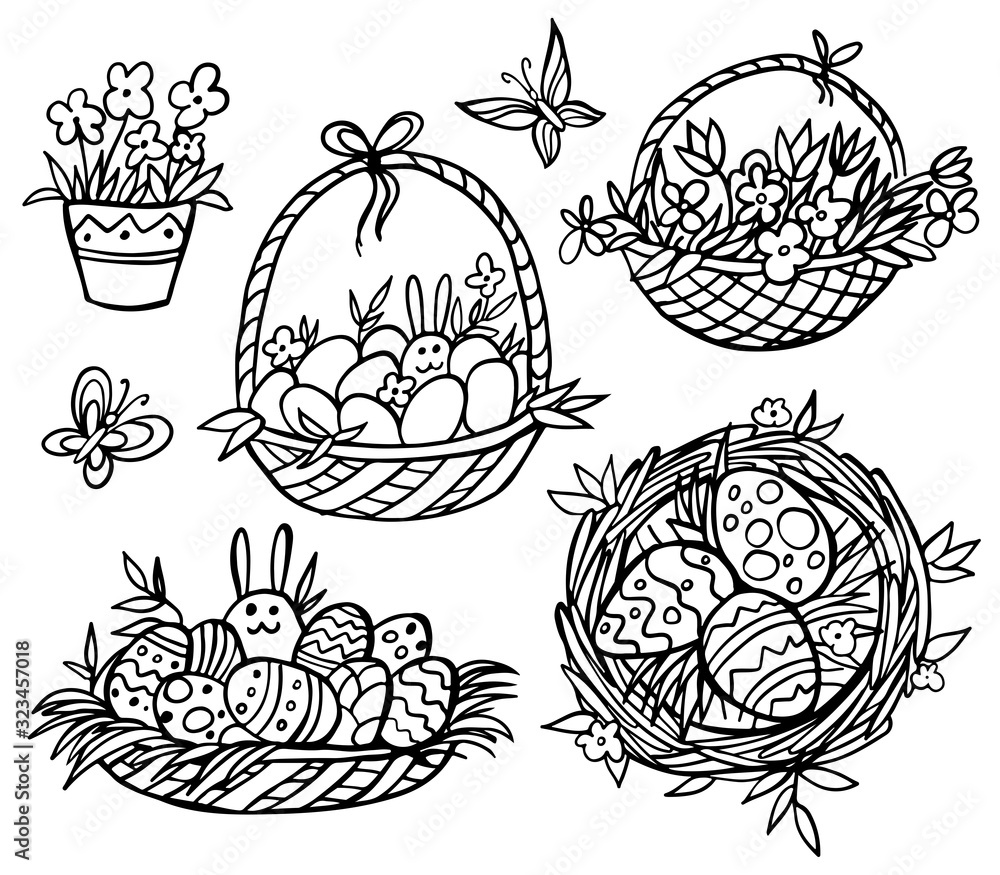 Set of doodle easter elemetns isolated on white. Basket with colored eggs, rabbit, butterfiy, flower pot, nest. Vector illustration. Perfect for coloring book, greeting card, print. Set of doodle easter elemetns isolated on white. Basket with colored eggs, rabbit, butterfiy, flower pot, nest. Vector illustration. Perfect for coloring book, greeting card, print.