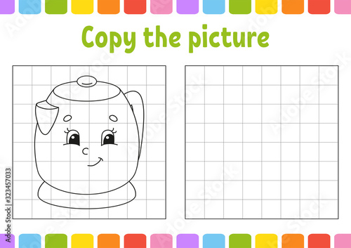 Copy the picture. Kitchen kettle. Coloring book pages for kids. Education developing worksheet. Game for children. Handwriting practice. Funny character. Cute cartoon vector illustration.