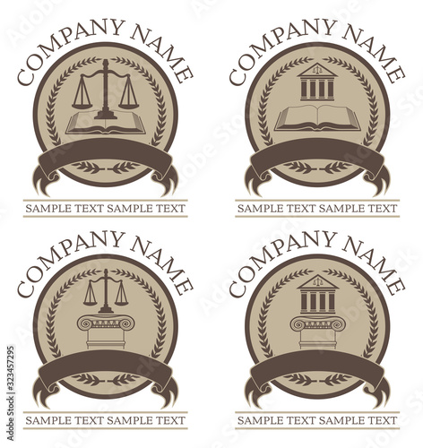 Law or Lawyer Seal Design Set is an illustration of 4 law or lawyer seal or emblem designs that include graphic images of the scales of justice, a crest, a book, a building and architectural columns.