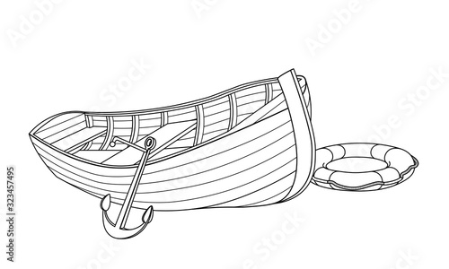 wooden boat  made of boards on a shore with life ring & grapnel, symbol of rescue, vector illustration with black contour lines isolated on white background in a hand drawn style