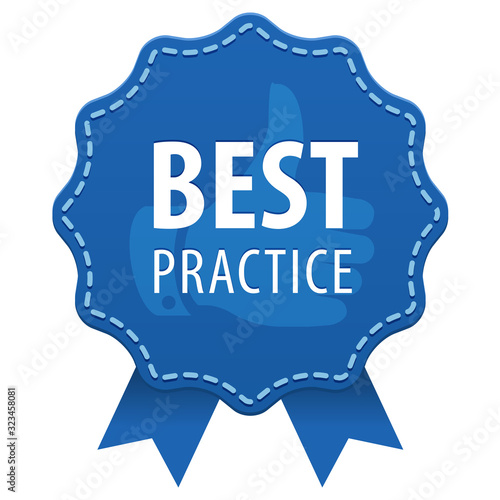 Best Practice blue label with a seam and ribbons icon isolated on white background