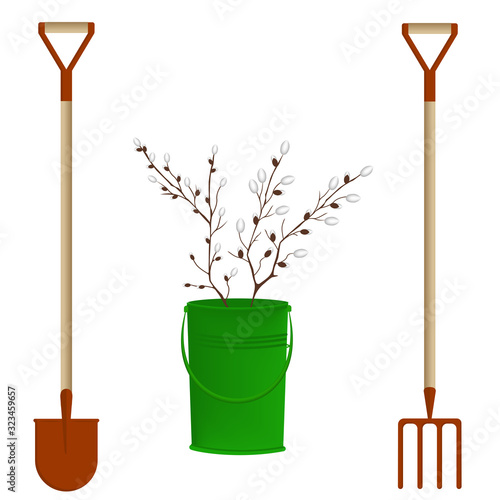 Willow branches in a green bucket, spade, pitchfork - isolated on a white background - art, vector. Set of spring garden work design elements.