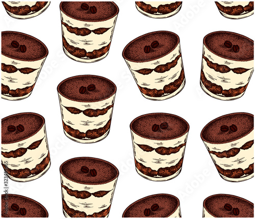 Sketch hand drawn pattern with colorful cake in cup isolated on white background. Vintage engraved italian dessert tiramisu, coffee, chocolate, mascarpone, savoiardi. Vector illustration, wallpaper