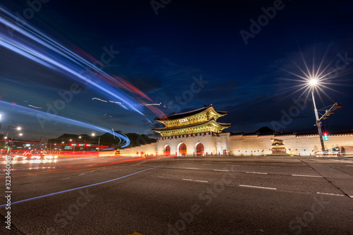 Night view of Gwanghwamun gate, Seoul, South Korea.(Sign board text is 