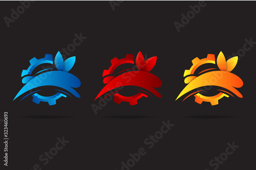 set of gradient colors of combination between Rabbit and gear Logo design template. vector illustration of icon. fast moving, engine service, automotive concept. the colors are blue, red and orange. 