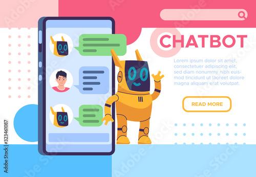 Chatbot landing page. Online talking with helping chatbots. Phone robot answering assistant. Messaging discussion, feedback vector concept