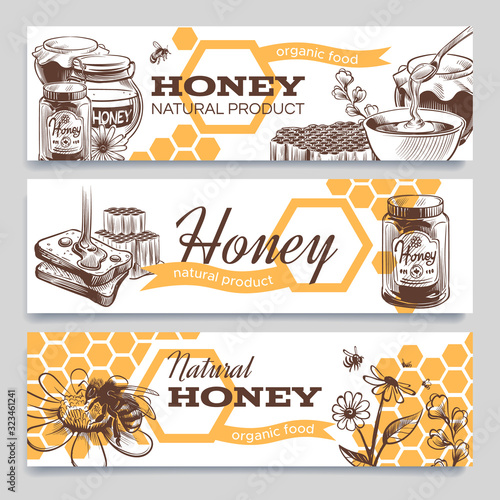 Honey banners. Hand drawn engraved honeycomb, bee and hive honeyed flower, healthy natural sweet food vintage advertising vector set