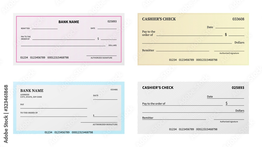 Bank check. Presentation blank cheque checkbook with guilloche pattern and watermark for certificate, voucher or banknote vector template Bank check. Presentation blank cheque checkbook with guilloche pattern and watermark for certificate, voucher or banknote vector template