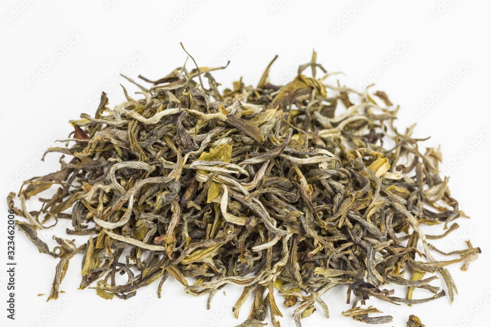 heap of dry leaves of white tea