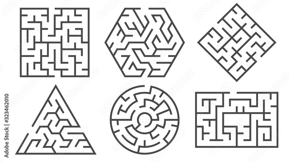 Maze. Labyrinth game in different graphic shapes for right or wrong