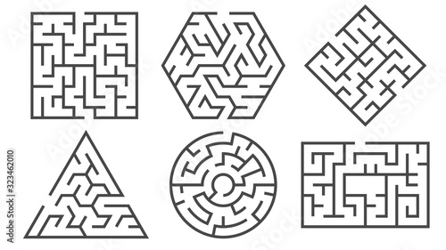 Maze. Labyrinth game in different graphic shapes for right or wrong paths and many entrance riddle, find way rebus logic conundrum vector set