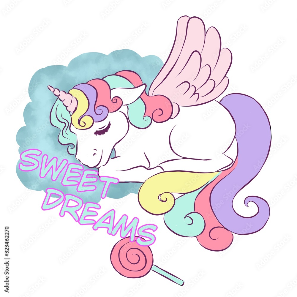 Unicorn sleeping with multicolour hair with a sweet dreams sign