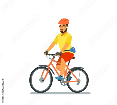 A happy man, dressed in sportswear and a helmet, is riding a Bicycle. Bike ride. Cyclist. Leisure and active recreation. Vector illustration