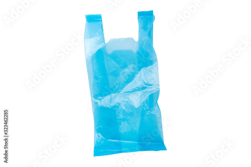 Blue plastic bag isolated on white background, plastic pollution and environmental problem, global warming and zero waste concept.