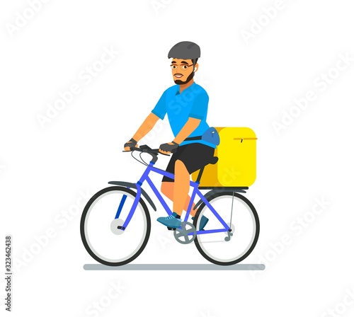 Bicycle delivery logistics courier. Bike messenger bearded male character hipster style. Blue yellow colors. Isolated on white background. Vector design illustration. © anisimovfedor