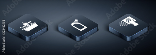 Set Isometric Plastic bottles for liquid dishwashing liquid, Cleaning service  and Plastic bottles for liquid dishwashing liquid icon. Vector