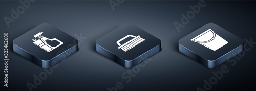 Set Isometric Plastic bottles for liquid dishwashing liquid, Bucket  and Brush for cleaning  icon. Vector