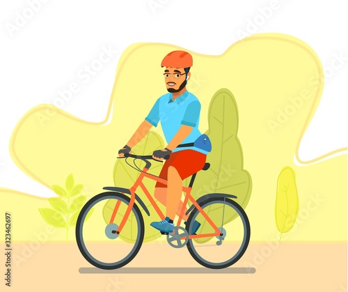 A happy man, dressed in sportswear and a helmet, is riding a Bicycle. Bike ride. Cyclist. Leisure and active recreation.