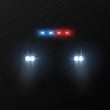 Police car headlights. Patrol police car with flashing light and headlights in dark, automobile silhouette with light effect vector mockup