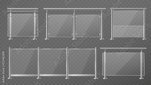 Glass fence. Transparent fencing sections with steel pillars, metal handrails and plexiglass panels for staircase, balcony or terrace vector set