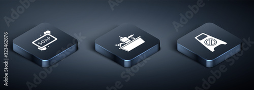 Set Isometric Bar of soap with foam , Wet floor and cleaning in progress  and Plastic bottles for liquid dishwashing liquid icon. Vector